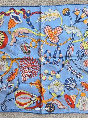 NWOT Inoui Editions Silk Scarf Neckerchief Whimsical Scene Hand Rolled Hems
